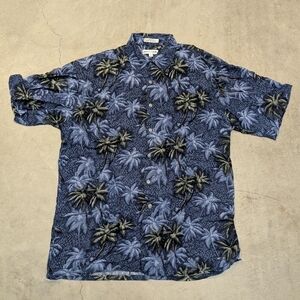 VTG 90s Pierre Cardin Rayon Hawaiian Shirt Palm Trees Blue Mens L Korea
